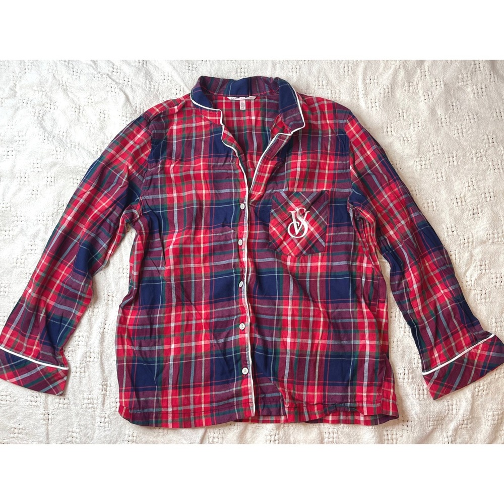 Victoria's Secret Plaid Tartan Christmas Pajama‎ Set Red Blue Cotton Large